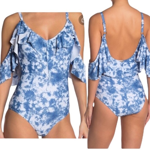 NEW Nicole Miller One Piece Cold Shoulder Ruffle Tie Dye Swimsuit M - Picture 1 of 17